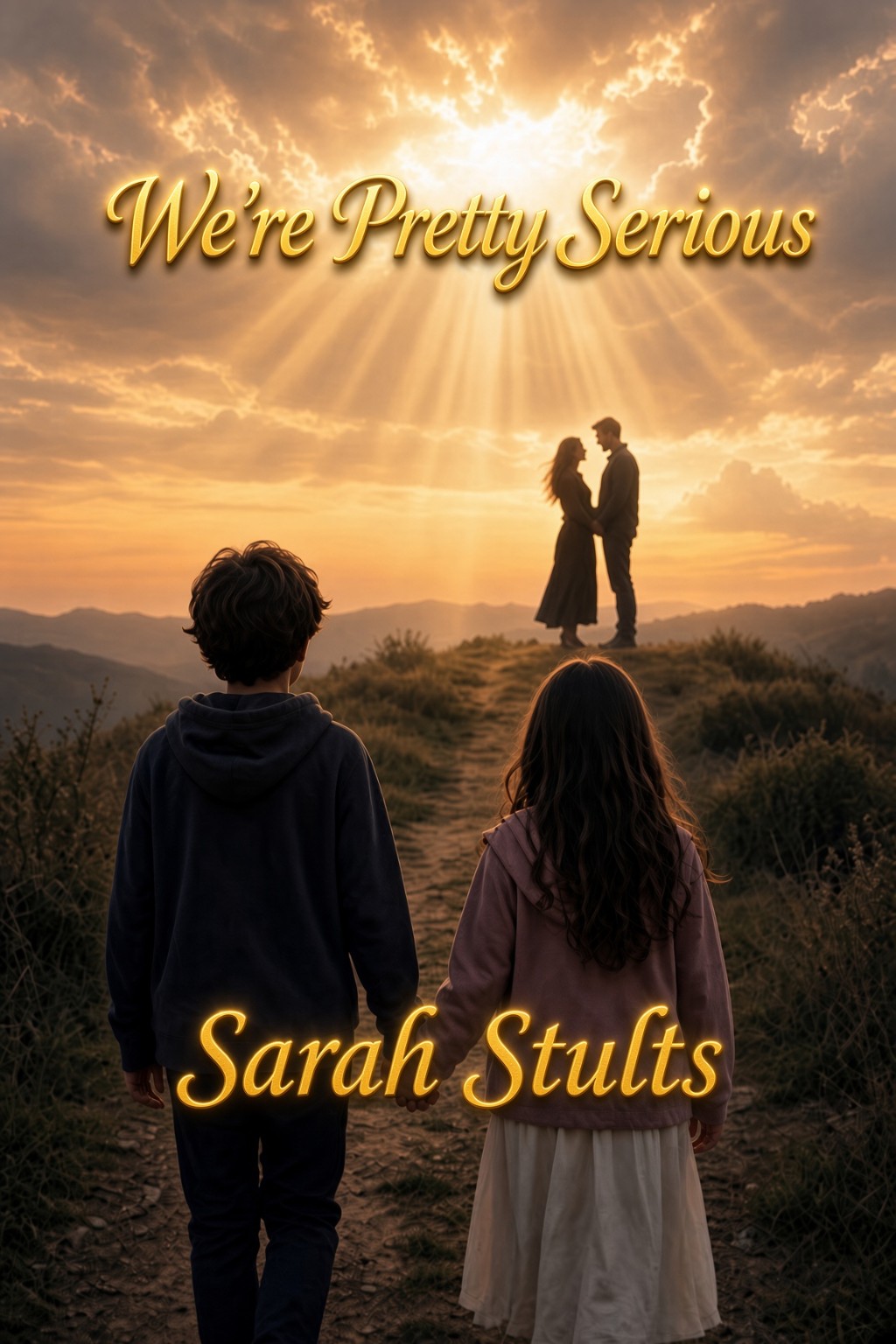 Front cover of We’re Pretty Serious by Sarah Stults, showing two children beneath a golden sky.