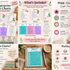 Preview of Sarah's Craftography age appropriate chore charts printable bundle for kids ages 4 to 15