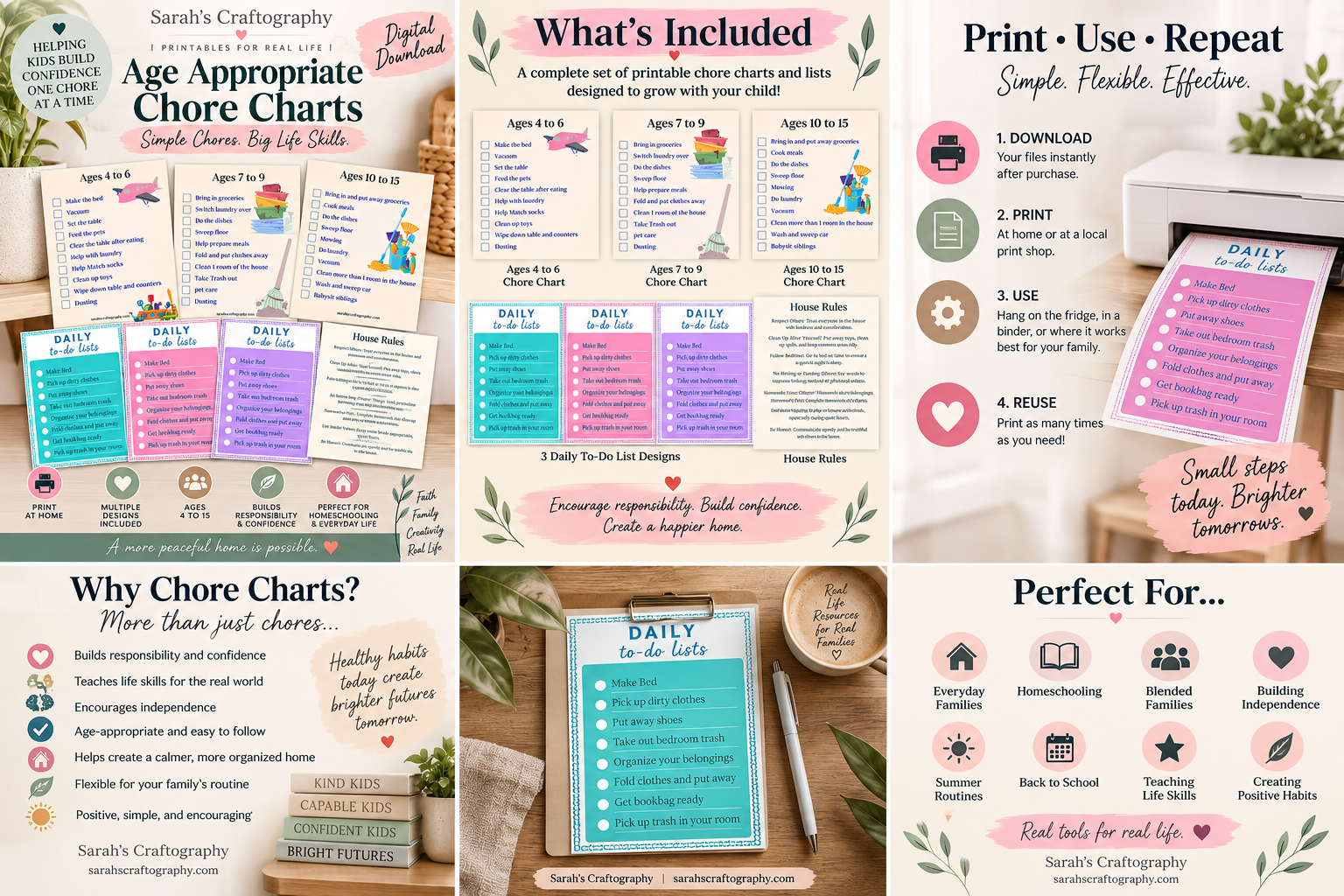 Preview of Sarah's Craftography age appropriate chore charts printable bundle for kids ages 4 to 15