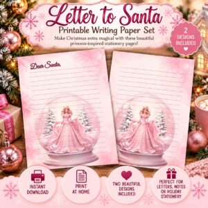 Christmas princess inspired printable letter paper set with two pink holiday stationery designs
