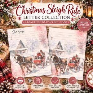 Christmas Sleigh Ride Letter Collection two page printable Christmas stationery set