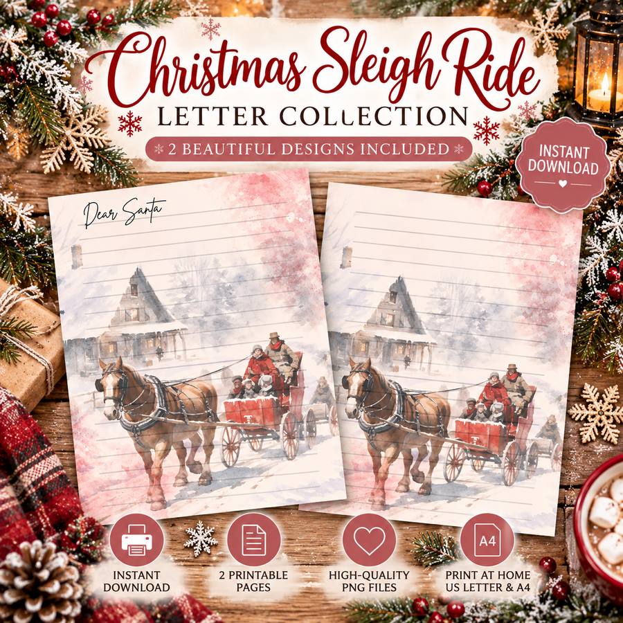 Christmas Sleigh Ride Letter Collection two page printable Christmas stationery set