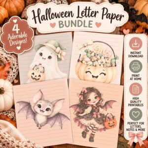 Cozy Halloween Letter Paper Bundle with four cute watercolor Halloween stationery designs