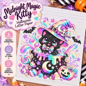 Midnight Magic Kitty Halloween Letter Paper instant digital download product display