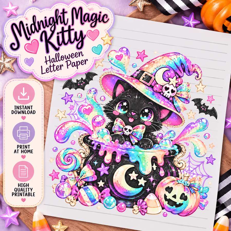 Midnight Magic Kitty Halloween Letter Paper instant digital download product display