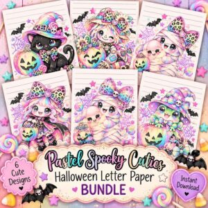 Pastel Spooky Cuties Halloween Letter Paper Bundle with six colorful printable designs