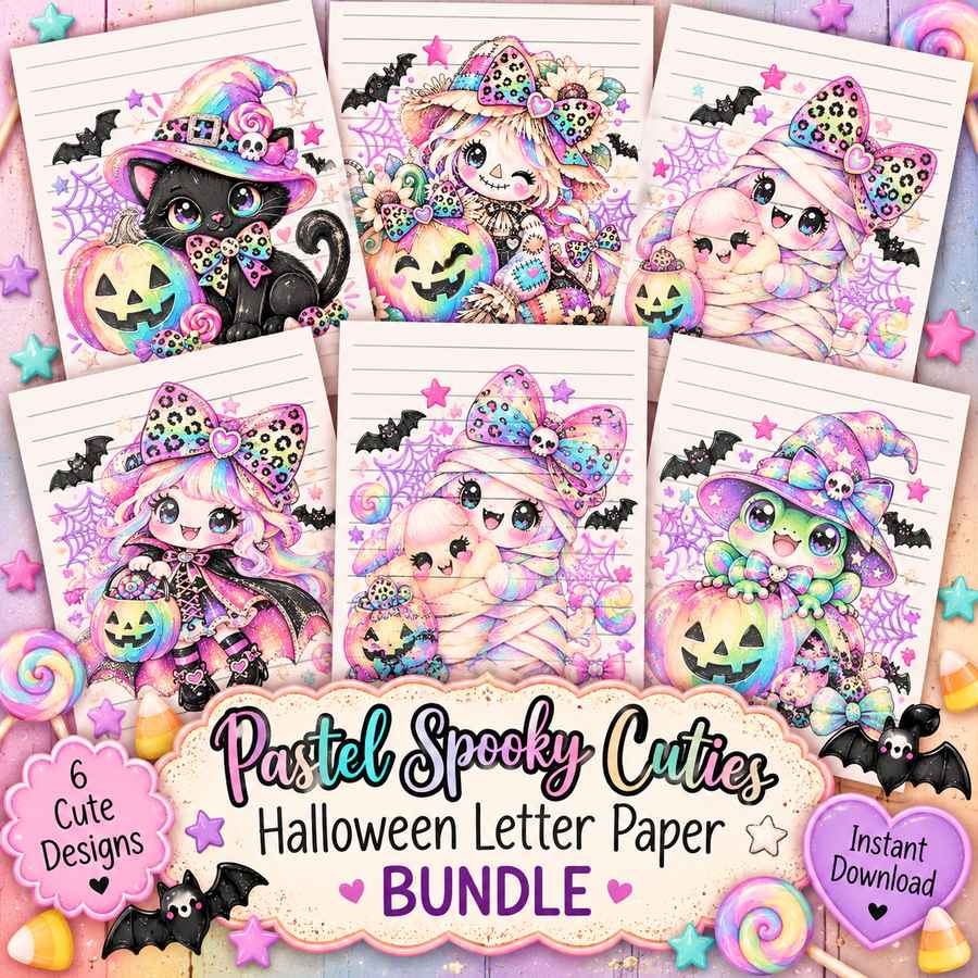 Pastel Spooky Cuties Halloween Letter Paper Bundle with six colorful printable designs