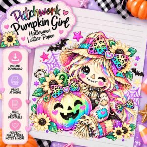Patchwork Pumpkin Girl Halloween Letter Paper instant digital download product display