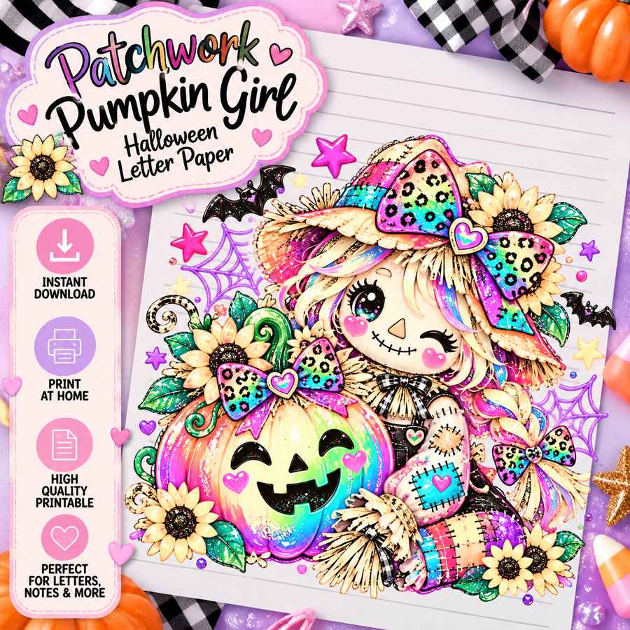 Patchwork Pumpkin Girl Halloween Letter Paper instant digital download product display
