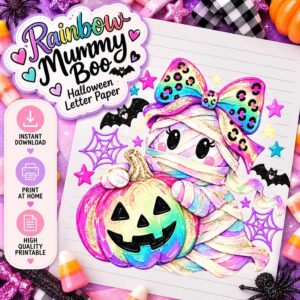 Rainbow Mummy Boo Halloween Letter Paper instant digital download product display