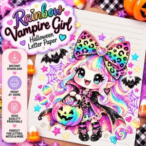 Rainbow Vampire Girl Halloween Letter Paper instant digital download product display