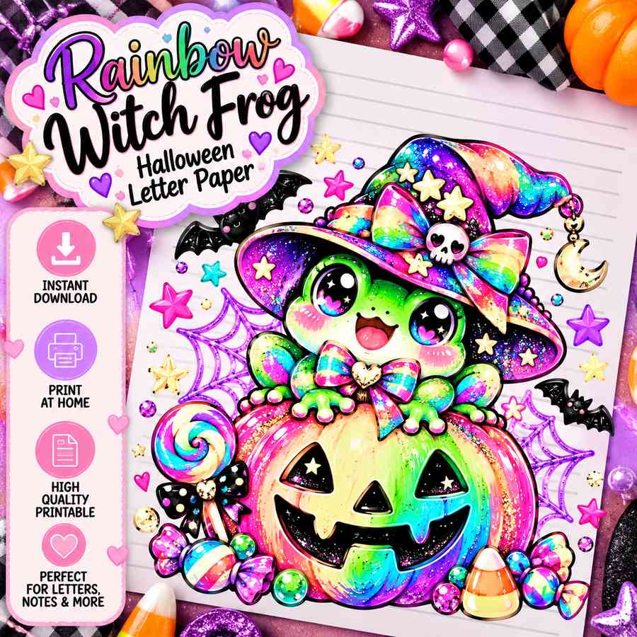 Rainbow Witch Frog Halloween Letter Paper instant digital download product display