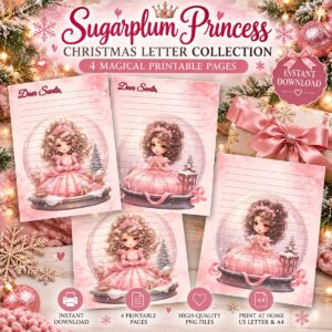 Sugarplum Princess Christmas Letter Collection four page printable stationery set