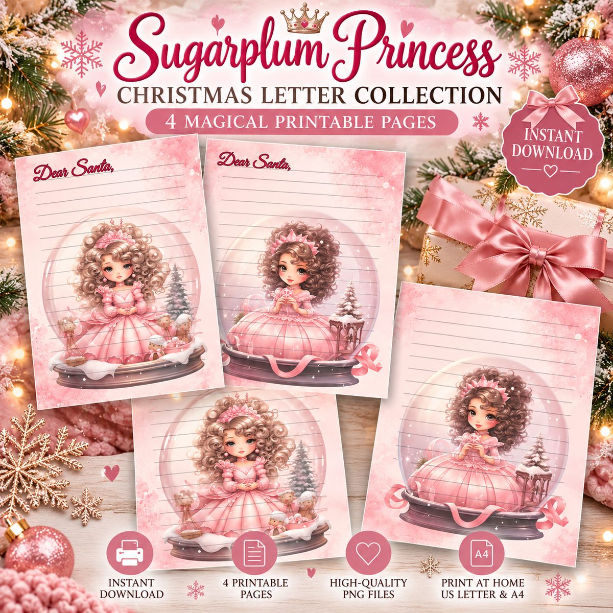 Sugarplum Princess Christmas Letter Collection four page printable stationery set