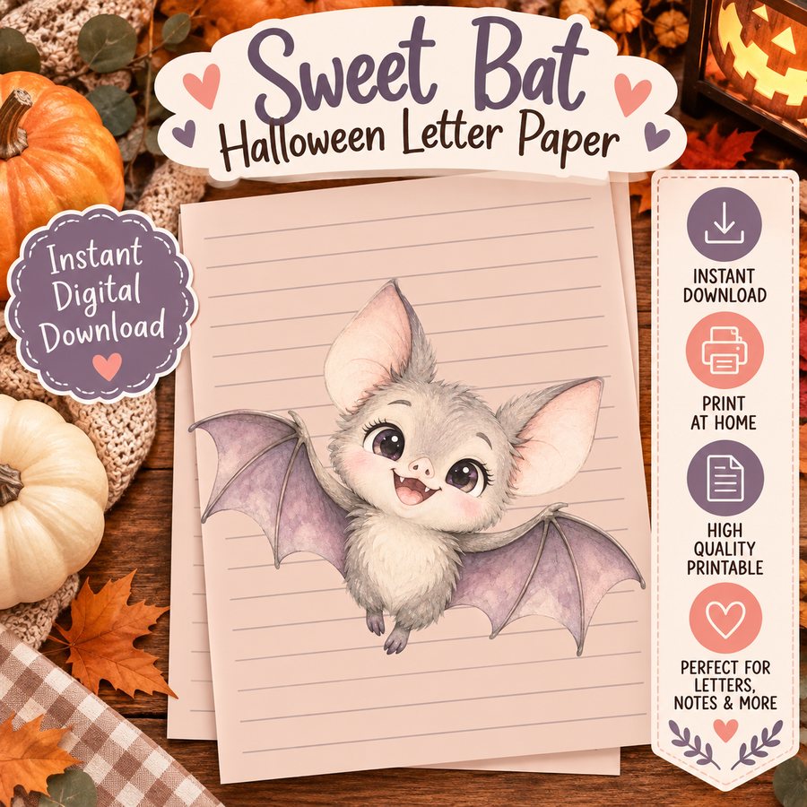 Sweet Bat Halloween Letter Paper instant digital download product display