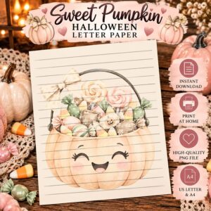 Sweet Pumpkin Halloween printable letter paper with watercolor pumpkin candy basket