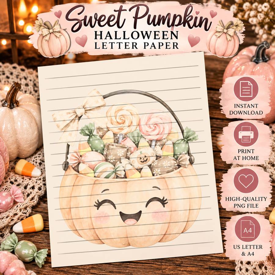 Sweet Pumpkin Halloween printable letter paper with watercolor pumpkin candy basket